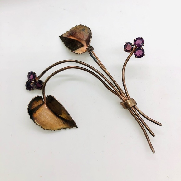 Antique Sterling Amethyst Flower Brooch - Picture 1 of 7